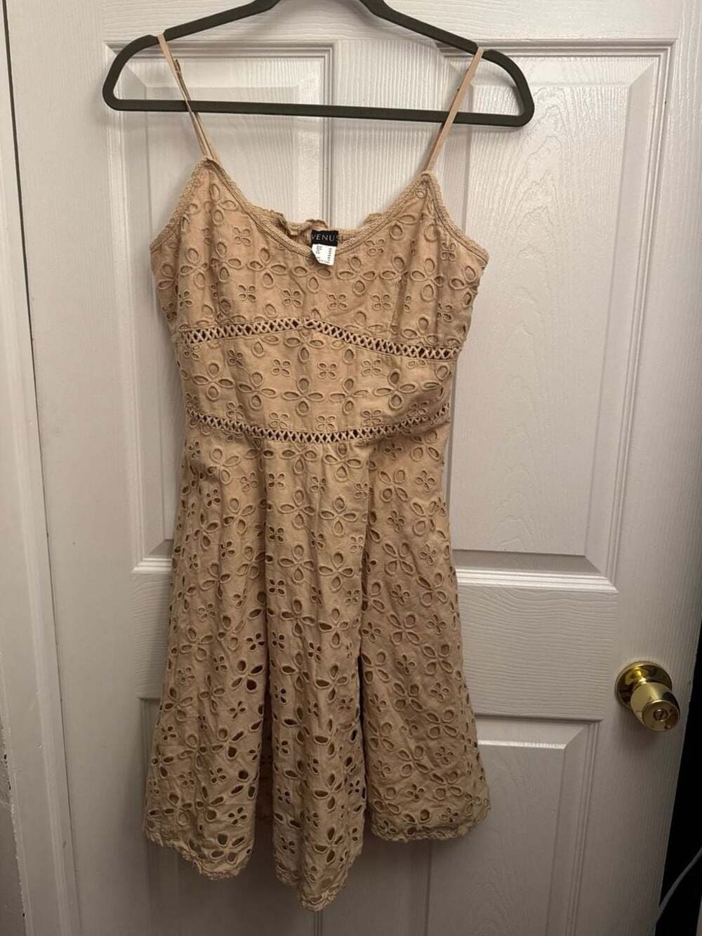 Venus Sesame Tan Floral Eyelet Cami Mini Dress with  Lace Detail Size 12